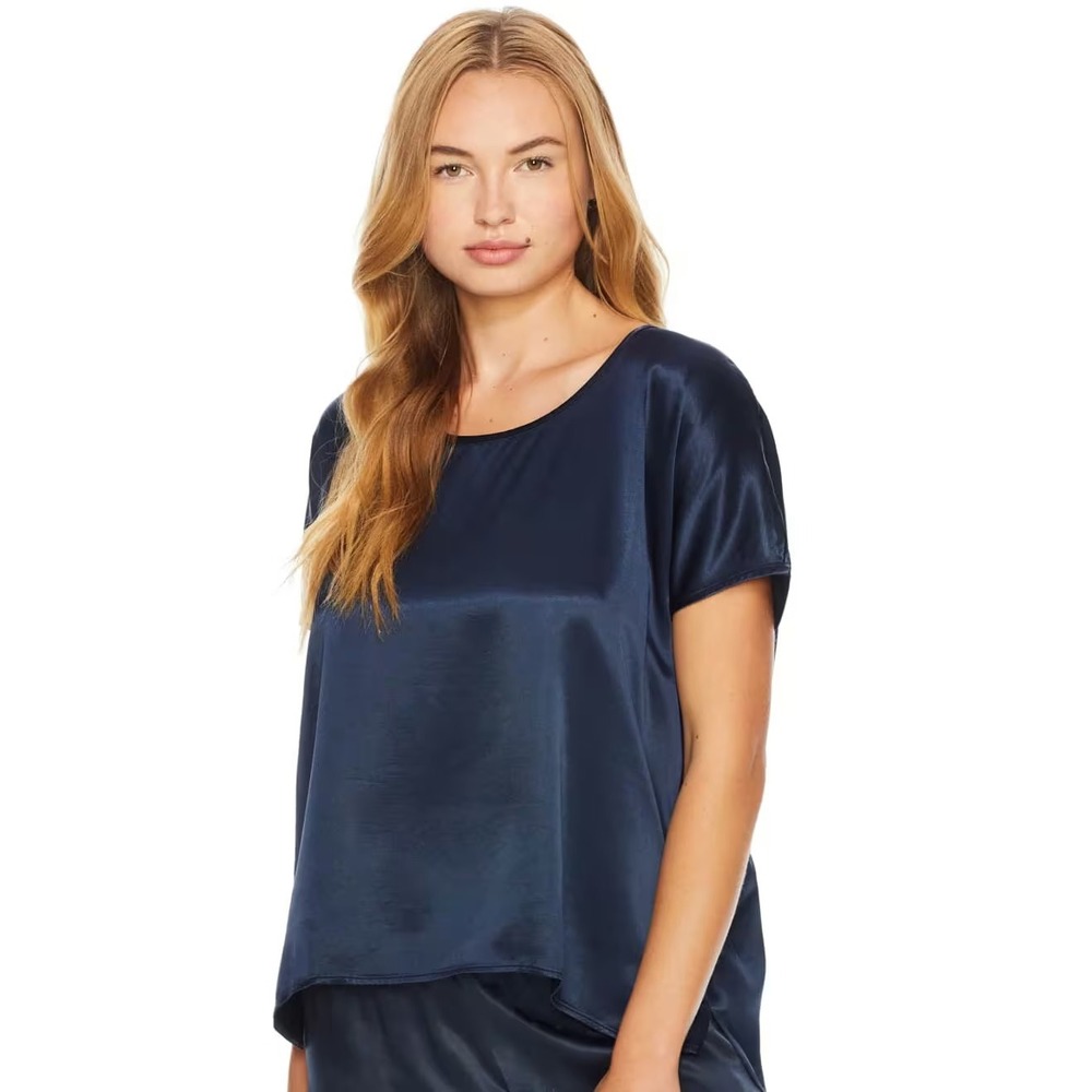 PJ Harlow Roxxy Satin Lounge Top Women Small Navy Blue Pajamas Silky Loungewear